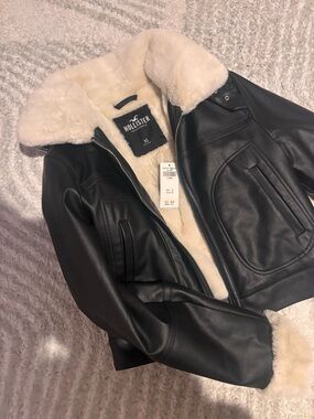 Hollister Black Faux Leather Bomber Jacket with Cream Sherpa